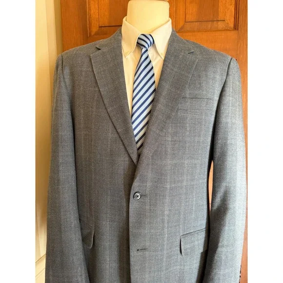 Jos. A. Bank Silk Wool Sport Coat Men 42L Blue Windowpane 2-Button Blazer Jacket
